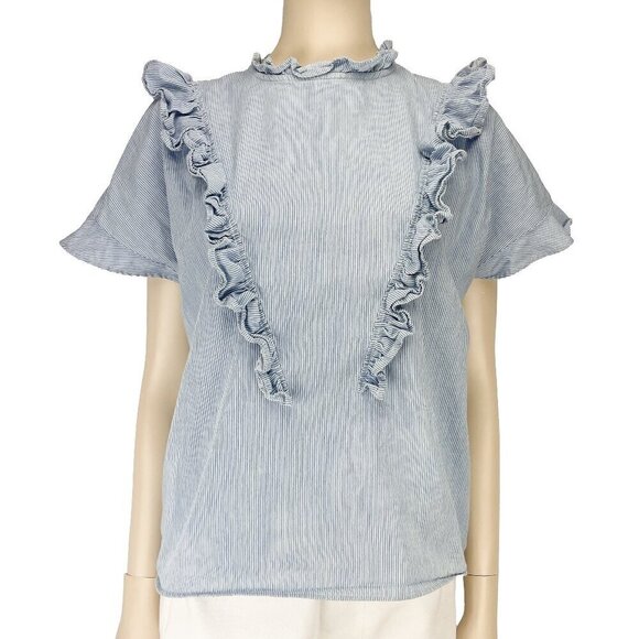 AMERCICO & ROSA Blue White Coastal PinStriped Ruffled Blouse Top Size M - Picture 1 of 7